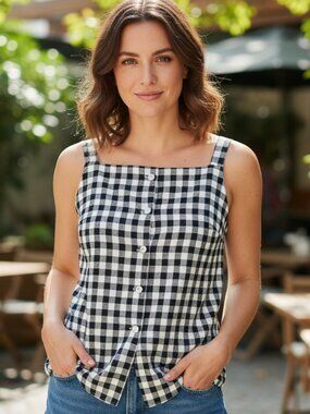 WAYF Gracie Gingham Linen Blend Button-Up Vest Missing Buttons NWT XL